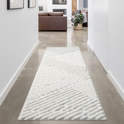 carpet city Teppich Wohnzimmer Hochflor Creme - Läufer 80x300 cm - Hochtief-Muster, 3D-Effekt Streifen - Bettvorleger Schlafzimmer Teppiche Boho, Skandi
