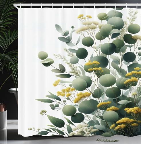 ABAKUHAUS Eukalyptusblätter Duschvorhang, Gerundetes Herbstblattpattern Zweige und Wiesenwind Print, Stoffliches Gewebe Badezimmerdekorationsset mit Haken, 175 x 200 cm, Senf Pfauengrün