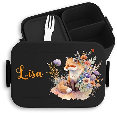 Kinder Bento Box Midi Lunchbox für Mepal Bentobox - Süßer Fuchs Brotdose Süße Füchsin Jausenbox Füchse I - 900 ml - Schwarz - name personalisierte fuchsmotiv snackbox junge personalierte