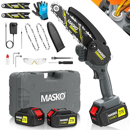 MASKO® Mini Kettensäge 800W, 8 Zoll, 8000mAh Akku | Elektrische Motorsäge mit Automatischem Ölsystem | Handkettensäge für Astschnitte & Holzarbeiten | Inkl. Koffer, 2x 4000mAh Akkus & 2x Ersatzketten
