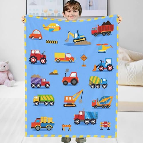 Luogort Bagger Decke Kinder Kuscheldecke Traktor Jungen Auto Decke, Construction Vehicle Kinderdecke Flauschig, Weiche Blau Wohndecke Fleecedecke Geschenk für Kinder Jungen Mädchen 150x130cm