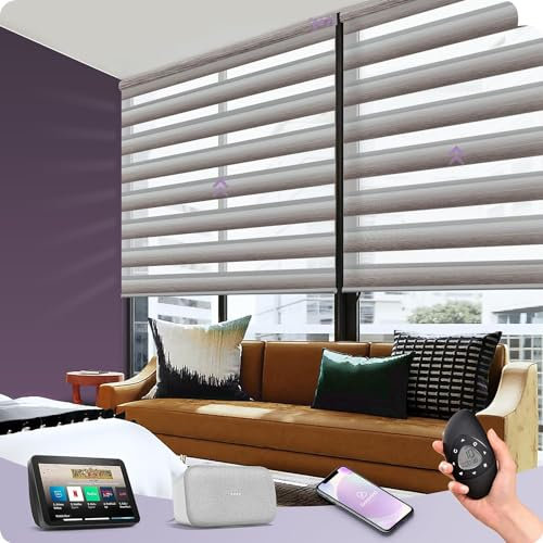Graywind Rechargeable Smart Zebra Blinds, Customized Dual Layer Electric Day Night Compatible With Alexa Google, Privacy Protection Motorised for Window Smart Home, Gradient Brown