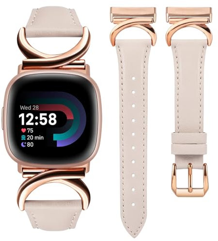 TOYOUTHS Leather Strap Compatible with Fitbit Versa 4/Versa 3/Sense 2 Women Slim Thin Dressy Elegant Premium Leather Strap with C-Shaped Metal Buckle for Versa 4, Starlight/Rose Gold