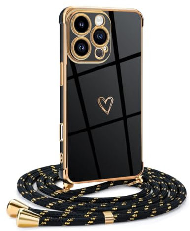 Mkej Coque Compatible avec iPhone 16 Pro Max avec Cordon de Collier, Coque avec Cordon Motif Coeur d'amour TPU Housse, Collier RéglableTéléphone Portable Lanyard Case pour iPhone 16 Pro Max, Or Noir