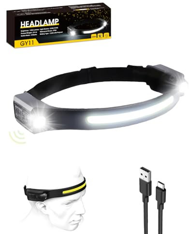 Stirnlampe LED Wiederaufladbar, Double Spot Light 230° COB Sensor Stirnlampe, Superhell 1200 Lumen mit 5 Modi, 12 Stunden Laufzeit, IPX4 Wasserdicht, Perfekt zum Joggen, Campen, Angeln(1 Stück)