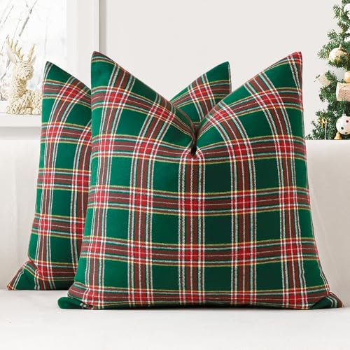JOTOM 2er Set Weihnachten Schottisches Karo Kissenbezüge, Dekorative Plaid Tartan Wurf Kissenbezug Sofakissen Dekokissen Zierkissenbezug für Wohnzimmer Schlafzimmer Deko (60x60cm, Grün+Rot)