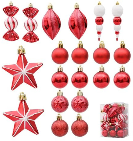 SRJQXH Weihnachtsbaumkugeln 20 Stück Weihnachtskugeln Plastik, Dekorative Anhänger Rot, Kleine Weihnachtsanhänger, Süßigkeiten Sterne Anhänger Set, Weihnachtskugeln für Weihnachtsdekoration