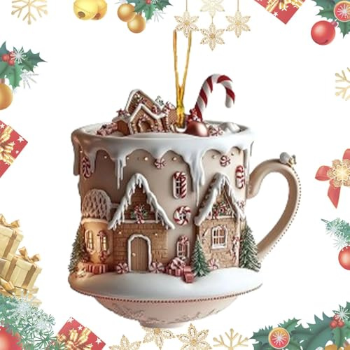 Kaffeetasse Weihnachtsschmuck, Weihnachtstasse Ornament, heiße Schokoladenbecher, Weihnachtsbaumschmuck, Hot Cocoa Themed 2D Acryl Weihnachtsschmuck Landschaft Weihnachten Kaffee für Partys