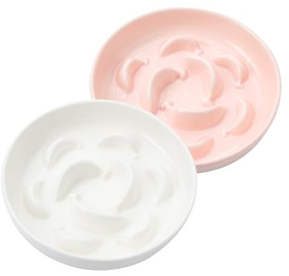 Cat Slow Feeder Bowl Set - 2 Pcs Ceramic Cat Food Plates for Slow Eating - Double Cat Dish For Dry Wet Food - Slow Feeding Cat Bowls Whisker Friendly - Microwave and Dishwasher Safe - White and Pink