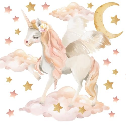Wally Fox - Wandsticker Kinderzimmer - Wandtattoo Babyzimmer - Ungiftig, sicher - Set Pegasus, Einhorn, Wolken, Sterne, Mond L - rosa, Creme, weiß, gelb - 52,5x92,5cm