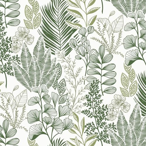 Fiula Self Adhesive Wallpaper Leaf Peel and Stick Wallpaper Vinyl Wrap Green and White Furniture Sticker Renter Friendly Wallpaper Removable for Living Room Bedroom Sticky Back Plastic Roll 41x500CM