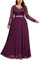 MISSMAY Plus Size Floral Lace Contrast Chiffon Lantern Long Sleeves Rhinestone Waist Closing Formal Banquet Maxi Dress (3XL, Maroon)