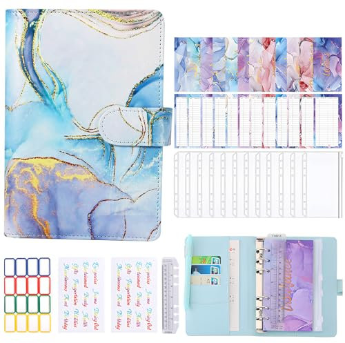 ALLOMN Budget Planner Binder, A6 Haushaltsbuch Geldumschläge Umschlagmethode Cash Stuffing Startset Budgetplaner Geld Organizer Sparbuch Geldsparbinder mit Folien für Finanzplaner Sparen Mappe (Blau)
