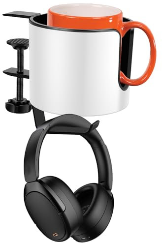 QINGLANG 2 in 1 Desk Cup Holder with Headphone Hanger Hook Adjustable Clip on Coffee Mug Holder Rotatable Headset Holder Gaming Desk Accessories for Coffee Mugs Water Cups Headphone(White)