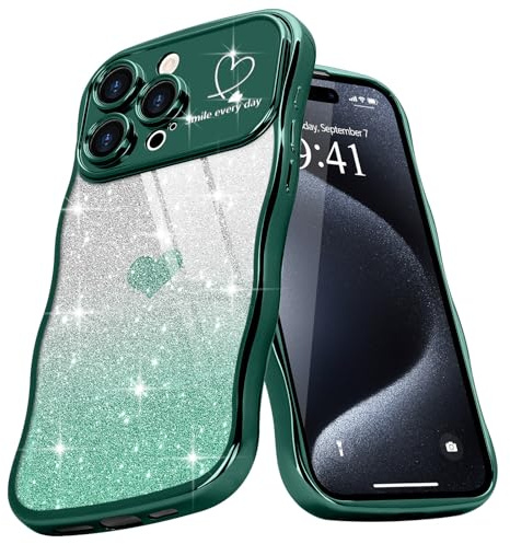 Teageo Cute Heart Pattern Curly Phone Case for iPhone 15 Pro, Wave Frame Glitter Case for Girls Women Aesthetic Bling Cover Shockproof Soft TPU Bumper for iPhone 15 Pro, Dark Green