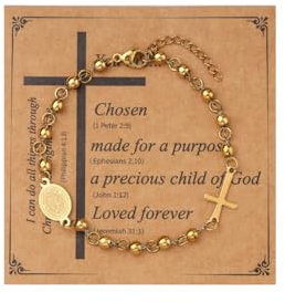 Eigso Womens Gold Kreuz Kruzifix Armbänder für erste Commuion Jungfrau Maria Medaille Armband für Frau Kette Rosenkranz Perlen Armband