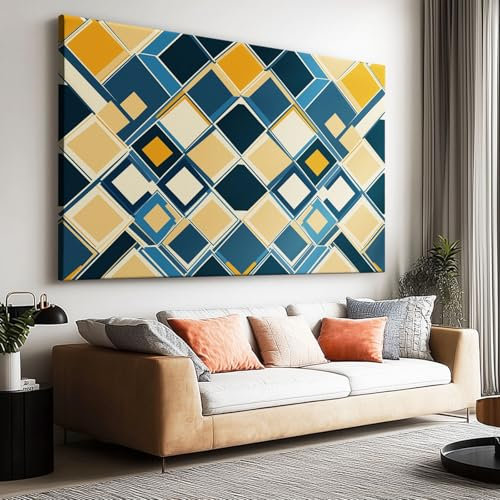 Peinture à l'huile Jaune Moutarde Affiche Toile Art Mural Peinture, Tableau sur Toile Mosaïque Géométrique Abstraite en Losange pour Salon Décoration d'intérieur 120 x 60 cm (L x l) Sans Cadre
