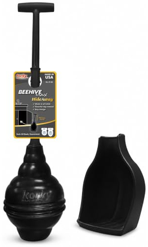 Korky BeehiveMAX Hideaway - Heavy Duty Toilet Plunger with Holder in Black - Drip Free Carry-Seals All Bowl Shapes – Powerful Clog Removal, 97-5B