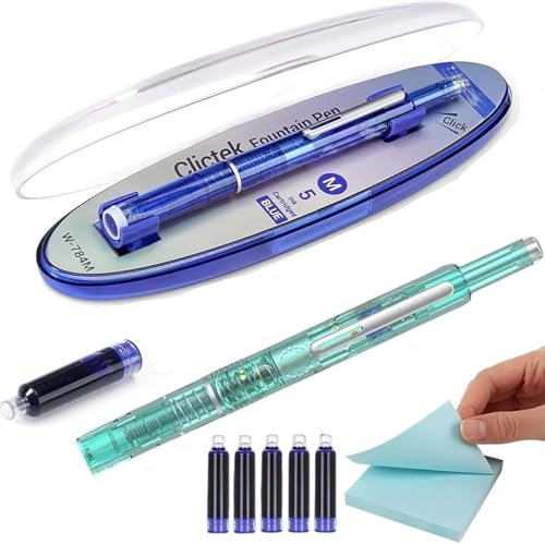 Fountain Pen Retractable:0.38mm Blue&black Ink Transparent Barrel Includes 5 Refillable Ink Cartridges,Press Fine Nib Fountain Pen,Medium Nib Transparent Barrel for Smooth Writing No Leaking