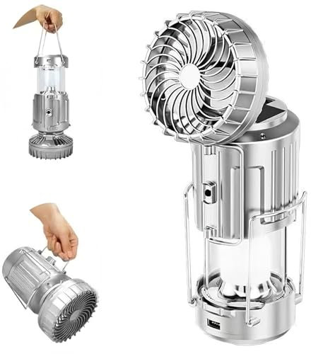 2-in-1 Solar Camping Lights with Fan,1500mah Rechargeable LED Camping Lantern with and Foldable Hook,Personal USB Desk Fan for Hurricane, Emergency, Home, Shed and More (Silver)