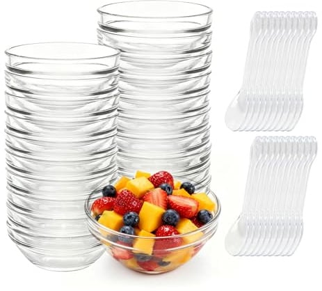 20Pcs Mini Glass Bowls for Dips, 75ml Reusable Sauce Dipping Bowl with 20 Reusable Spoons, Clear Sauce Dish Tiny Salad Bowl Prep Bowls for Ice Cream, Snacks, Spices, Condiment, Soy - Dishwasher Safe