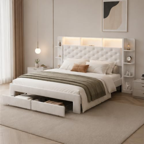HYTKKBD Letto Imbottito 140 x 200 cm, Letto Matrimoniale Contenitor con LED e Porta USB, Struttura per Letto con 2 Cassetti Contenitore e Scaffale, Rete a Doghe, Senza Materasso (Velluto bianco)
