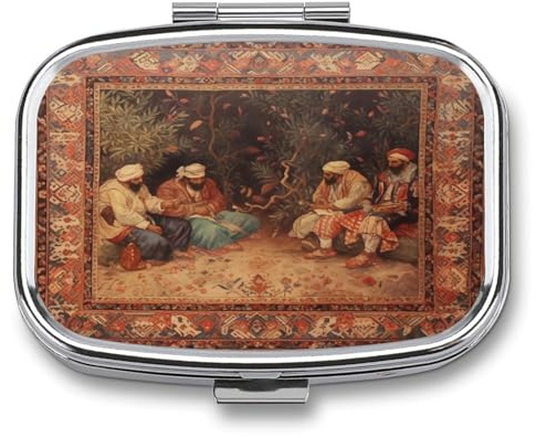 Tragbare Pillendose, antiker orientalischer Kunst, bedruckt, kleine Pillendose, tragbarer Pillenbehälter, Halter für Vitamine, Medikamente, Fischöl und Nahrungsergänzungsmittel