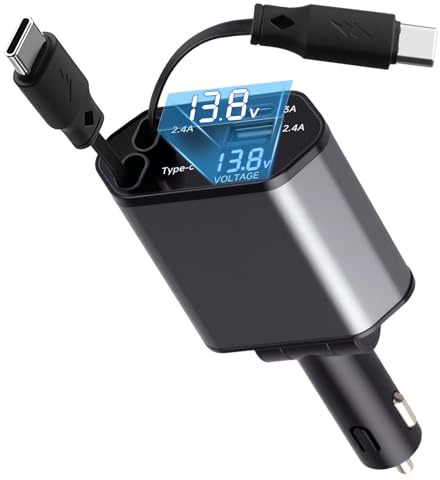 4 en1 Chargeur Allume Cigare Voiture USB C, 120W Rétractable Charge Rapide avec 2 Câbles Rétractables & Port USB-C/A, Prise Allume Cigare Telephone Voiture pour iPhone Android, Indicateur de Tension