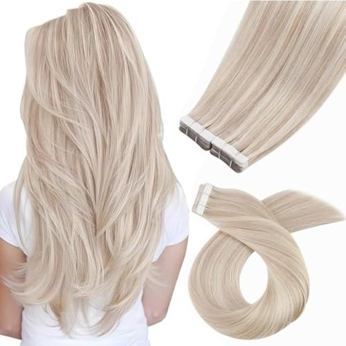 Moresoo Echthaar Extensions Tape 50 cm 100g 40pcs Hellbraun Highlights | Echthaar Extensions,Flexible Anwendung,Zum Locken Und Glätten Geeignet,Individuelle Frisuren,50cm Weft Länge