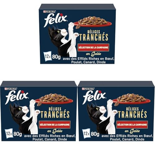FELIX Landhaus-Delices in Scheiben | Katze | Gelee | Auswahl von Rind, Huhn, Ente und Truthahn | 12 x 80 g | Frischebeutel (Packung mit 3)