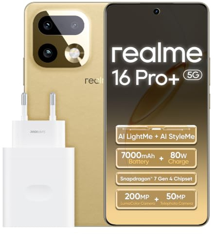 realme 16 Pro+ 5G Smartphone 8GB+256GB, Gold | Batería 7000mAh, Carga rápida 80W, Pantalla 6,8 pulgadas, 144Hz, Cámara 200MP, Qualcomm Snapdragon 7 Gen 4, IP69