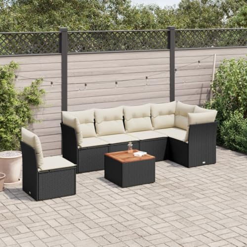 HETFTJN 7-TLG. Gartenlounge schwarz 62x62x69cm Poly-Rattan mit Akazienholztisch platzsparendes modulares Balkonmöbelset für Garten Terrasse und kleine Balkone