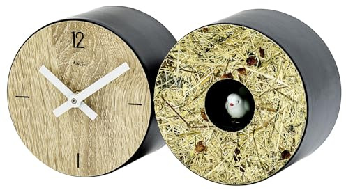 AMS T1310, Tisch- und Wanduhr, Modernes Design mit Kuckucksruf, Metallgehäuse schwarz, Maße: 24 x 12 x 9 cm (Hellbraun)