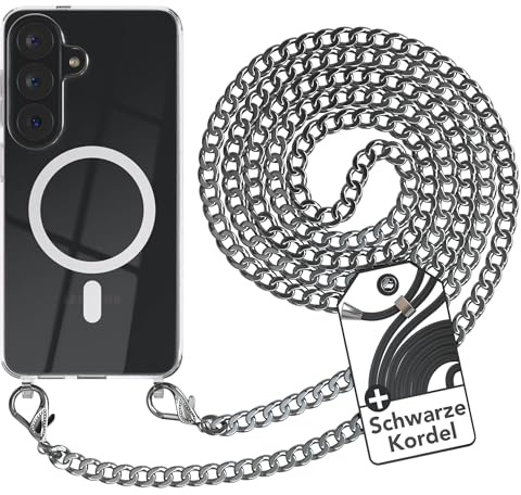 EAZY CASE - Handykette kompatibel mit Galaxy S26 Kette zum Umhängen Stoßfest Handyhülle für Galaxy S26 Silikon Hülle mit Band aus Metall Transparent als Fallschutz in Silber