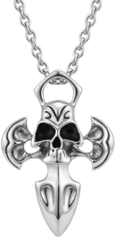 Collier pendentif croix tête de mort en acier inoxydable, style gothique, inspiré d'une hache, avec chaîne câble de 45 cm. Bijou tendance et audacieux, design artisanal détaillé, 53 x 33 mm.