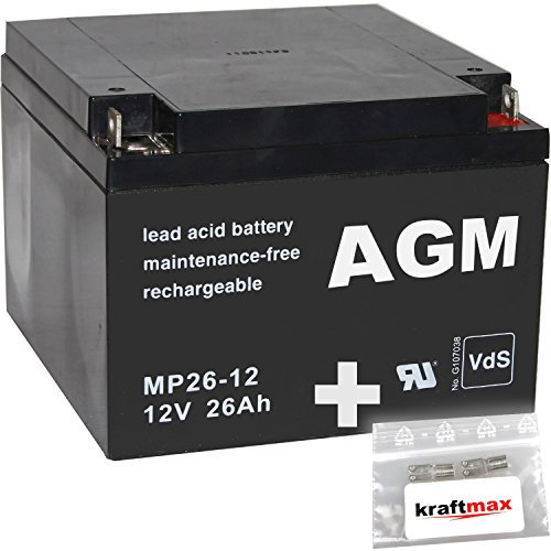 kraftmax 4X AGM 12V / 26Ah Blei-Akku - MP26-12 [ M5 - Bolzen inkl. Schraube und Mutter ] VDs geprüft - inkl. 2X Original Anschluß-Adapter