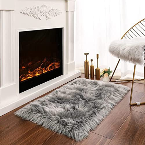 JXLOULAN Faux Lammfell Schaffell Teppich Grau 60x90 cm, Weicher Flauschiger Teppich Wohnzimmer Deko, Longhair Fell Lammfellimitat Carpet für Stühle Sofa Schlafzimmer Kinderzimmer