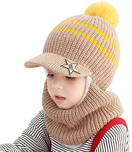 YONKOUNY Kinder Wintermütze Jungen Mädchen Warm Niedlich Strickmütze Schalmütze Schlupfmütze Beanie Mütze mit Fleecefutter (Coffee)