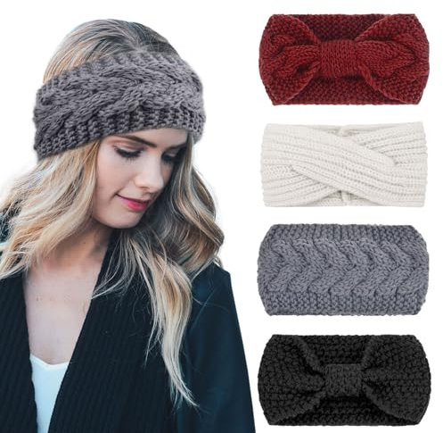 DRESHOW 4 Stück Damen Gestrickt Stirnband Winter Strick Breite Kopfband Elastische Haarband Stirnband Häkelarbeit Ohr Wärmer Damen