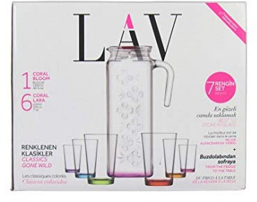 Lav Set di 7 caraffe 1 caraffa in vetro da 1,2 l e 6 bicchieri da 200 ml ciascuno, retro colorato