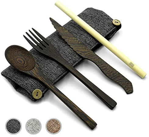 Jungle Culture® Wiederverwendbares Reisebesteck-Set • Alternative zu Bambus Besteck • Umweltfreundliches Besteck Set für Unterwegs & Picknick, Holzbesteck, Messer Gabel, Strohhalm, Jutebeutel in Grau