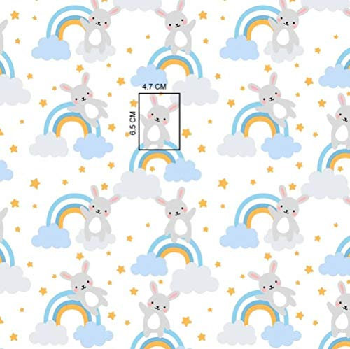 Pingianer 11,99€/m 100x160cm Hase 100% Baumwolle Baumwollstoff Kinder Meterware Handwerken Nähen Stoff (Hase Regenbogen Blau)
