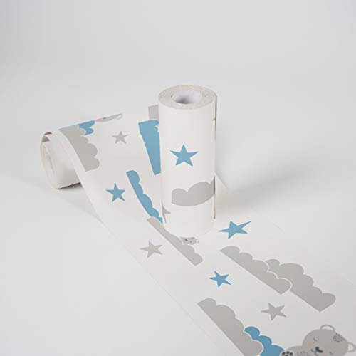 Lovely Kids Bordüre selbstklebend Dreamy Bears Wandbordüre mit niedlichen Bären, Wolken und Sternen für Babyzimmer und Lovely Kids Wandtattoo für Mädchen und Jungen in weiß, blau, grau