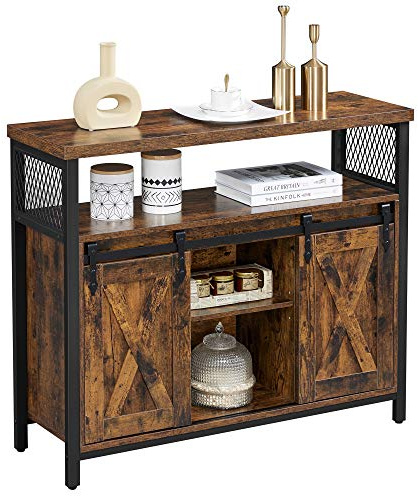VASAGLE Buffet Cabinet, Coffee Bar Storage Cabinet, Sideboard with 2 Sliding Barn Doors, Adjustable Shelves, 13 x 39.4 x 31.5 Inches, for Living Room, Rustic Brown and Ink Black ULSC092B01