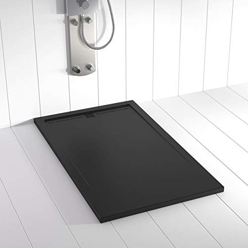 Shower Online Plato de ducha Resina FLOW - 80x100 - Textura Pizarra - Antideslizante - Todas las medidas disponibles - Incluye Rejilla Color Negro y Sifón - Negro RAL 9005