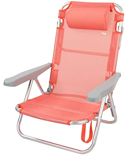 AKTIVE Chaise de Plage Pliante, Beach, Chaise de Plage Basse, avec Coussin, Chaise Inclinable, 5 Positions Couleur Corail, avec Poignée de Transport, 60X47X83 cm, Hauteur 21 cm