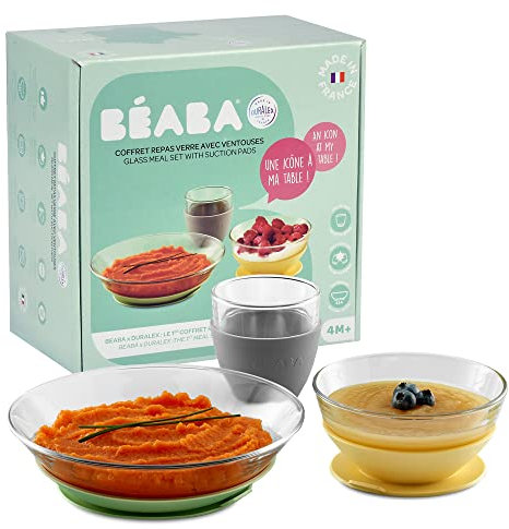 BÉABA & Duralex, Coffret Repas Enfant en Verre, Assiette, Bol, Verre avec Ventouse Silicone, Ergonomique, Evolutif, Sain, Durable, Made in France, Yellow