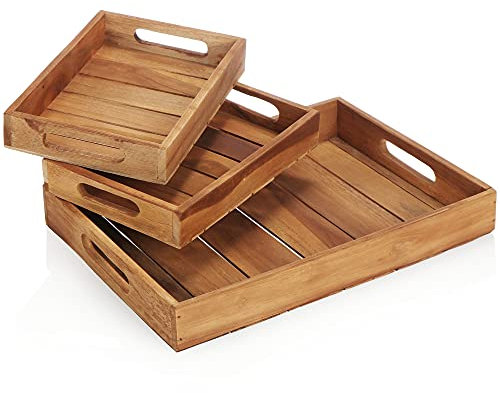 com-four® 3-teiliges Tablett-Set aus Teak - Vintage Holztablage in 2 Größen - Serviertablett in rustikaler Optik - Wiederverwendbare Servierplatten - Teakholz Dekobretter (3 Stück - Teak Tablett)