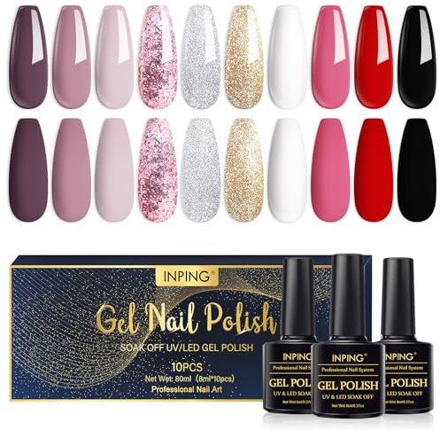 INPING Gel Nail Polish, 10 Colors Pink Black Red Gel Polish, Nude Pink Glitter Gold Silver White Shimmer Rose Pink Varnish Gel Soak Off UV/LED For DIY Nail Art Manicure Kit, Christmas Beauty Set
