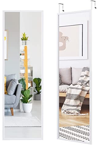 RELAX4LIFE Miroir Porte Suspendu avec Crochets de Suspension pour Porte, Miroir Accroche Porte Longueur Réglable en Hauteur pour Chambre, Salon, Blanc/Noir/Brun(107,5 x 36,5cm, Blanc)